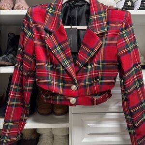 Red Plaid Cropped Blazer